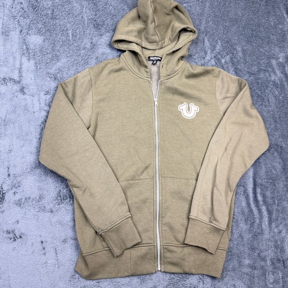 True Religion Men's Full Zip Hoodie Sweatshirt Beige Logo Casual - Picture 1 of 11
